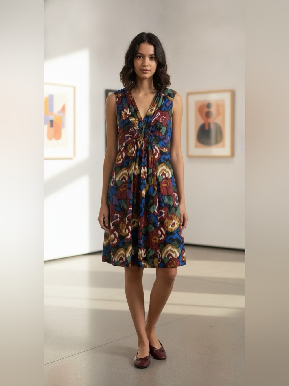 Jigsaw Sleeveless Abstract Floral Silk Midi Dress - Burgundy, Blue, Green, Gold